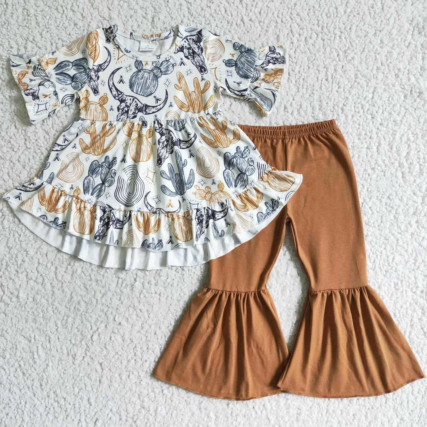 0708 RTS cactus cow short sleeve brown bell bottom pants girl outfit