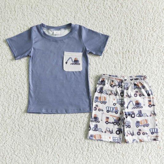 promotion RTS BSSO0063 pocket blue dig short sleeve top excavator shorts baby boy summer outfit 20230323 rts