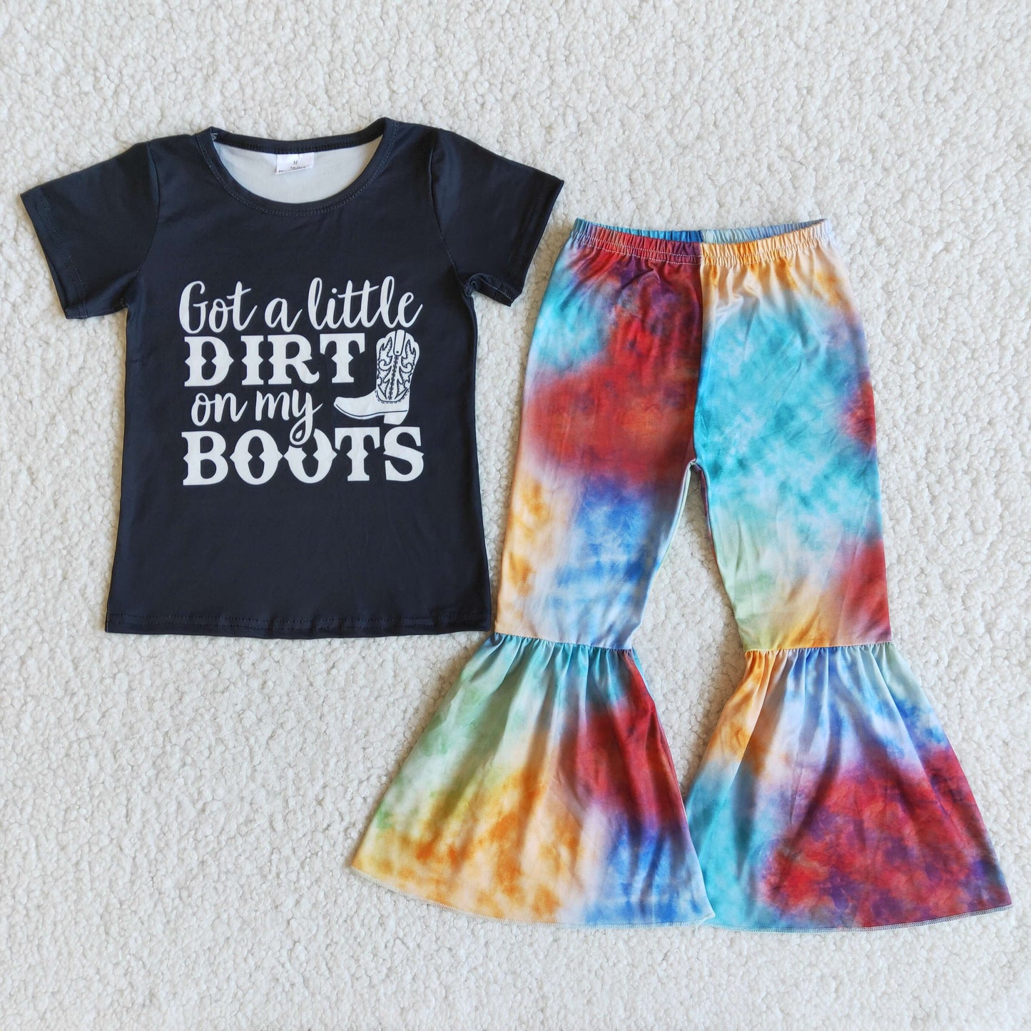 promotion RTS E9-29 got a little dirt boots letters black short sleeve bell bottom girl outfits