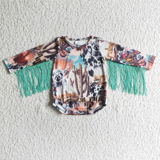 RTS cactus cow western green tassel girl romper clothes 0716 LR0049