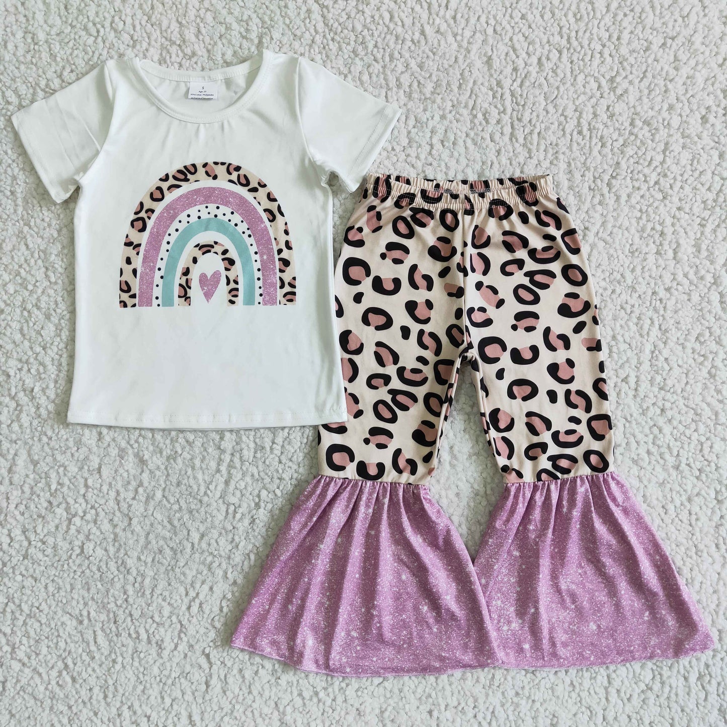 promotion love white short sleeve top pink leopard print bell bottom girl outfits