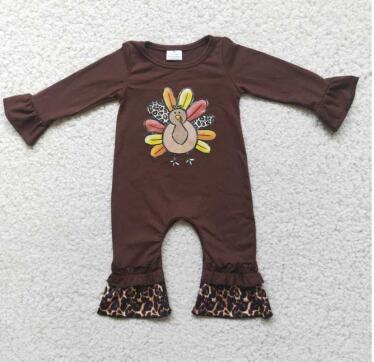 promotion 6 A2-6 Thanksgiving Brown Gel Print Turkey Leopard Long Sleeve Romper RTS 1024