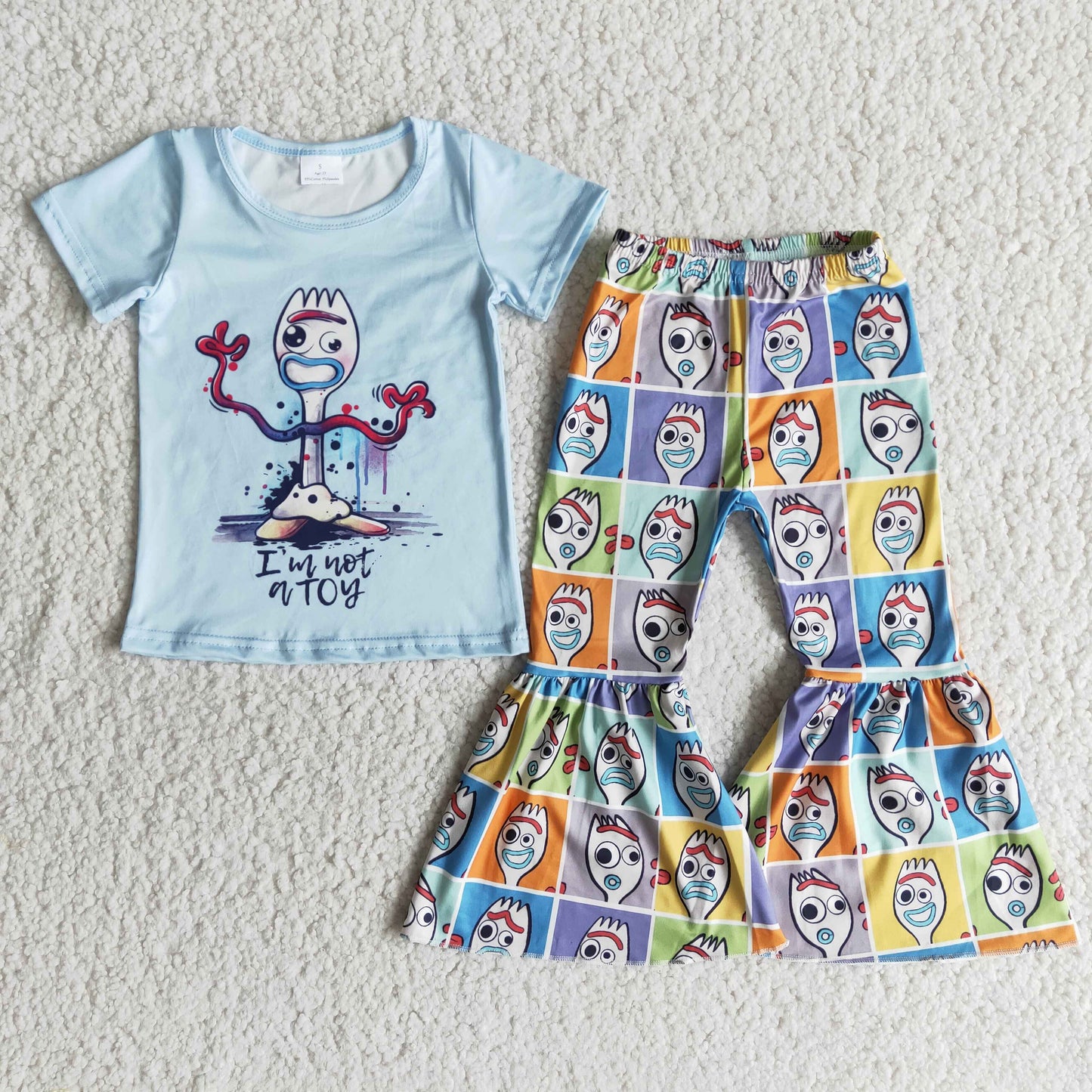 promotion B2-2 i'm not a toy letters plaid blue girl short sleeve bell bottom outfit rts