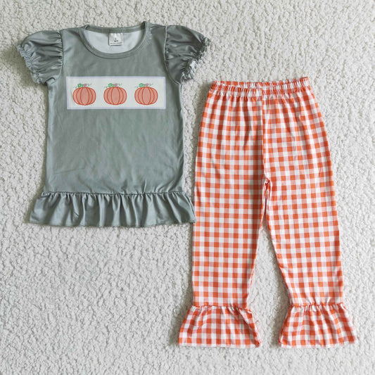0825 RTS halloween pumpkin green long sleeve orange plaid pants girl outfit