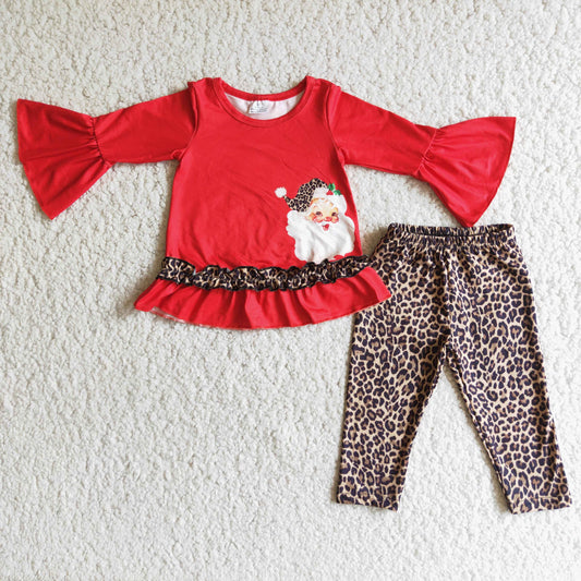 promotion RTS Christmas girl lace santa leopard long sleeve legging pant outfit