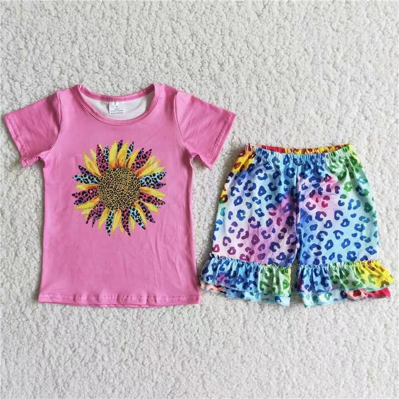 promotion D11-11 Sunflower pink top colorful leopard ruffles short pants set 1220 RTS