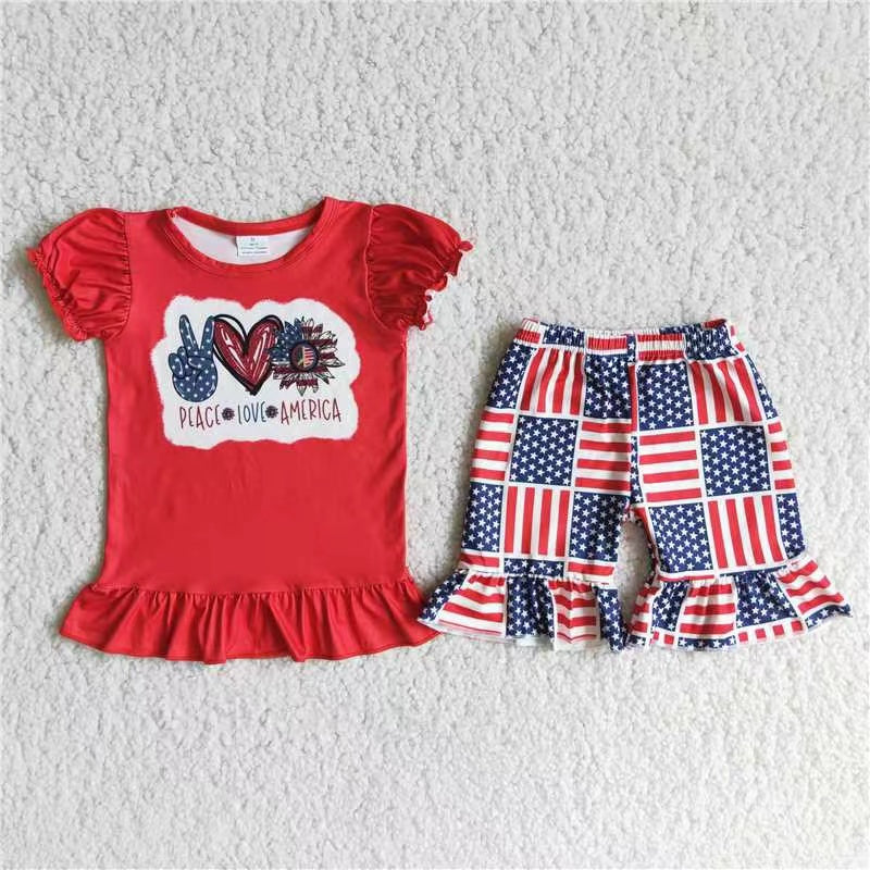 promotion D12-15 RTS American national day short sleeve shorts girl outfit 202405