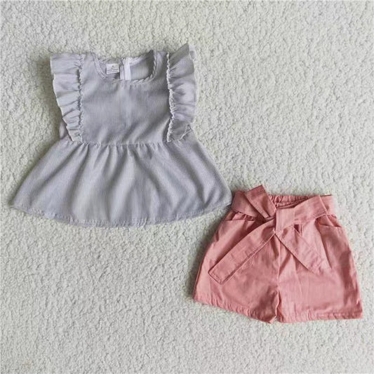 promotion D3-1 Gray ruffles top pink bow shorts sleeves shorts outfits 20230411 RTS