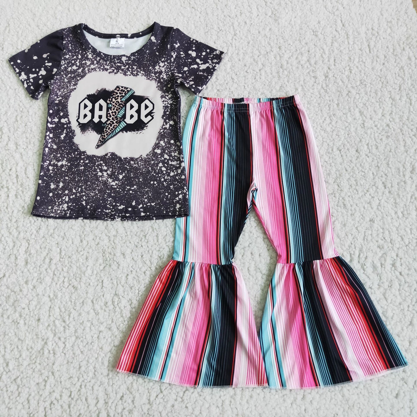 promotion D3-13 Babe letters dot stripe black short sleeve bell bottom pant girl outfit RTS 1121