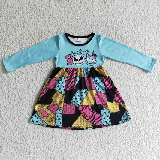 RTS blue halloween boo dress long sleeve skull bat patch work girl dress 0831
