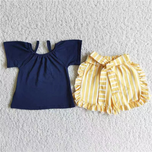 D4-28 RTS yellow print ruffles cotoon short sleeve shorts girl outfits 20230606 rts