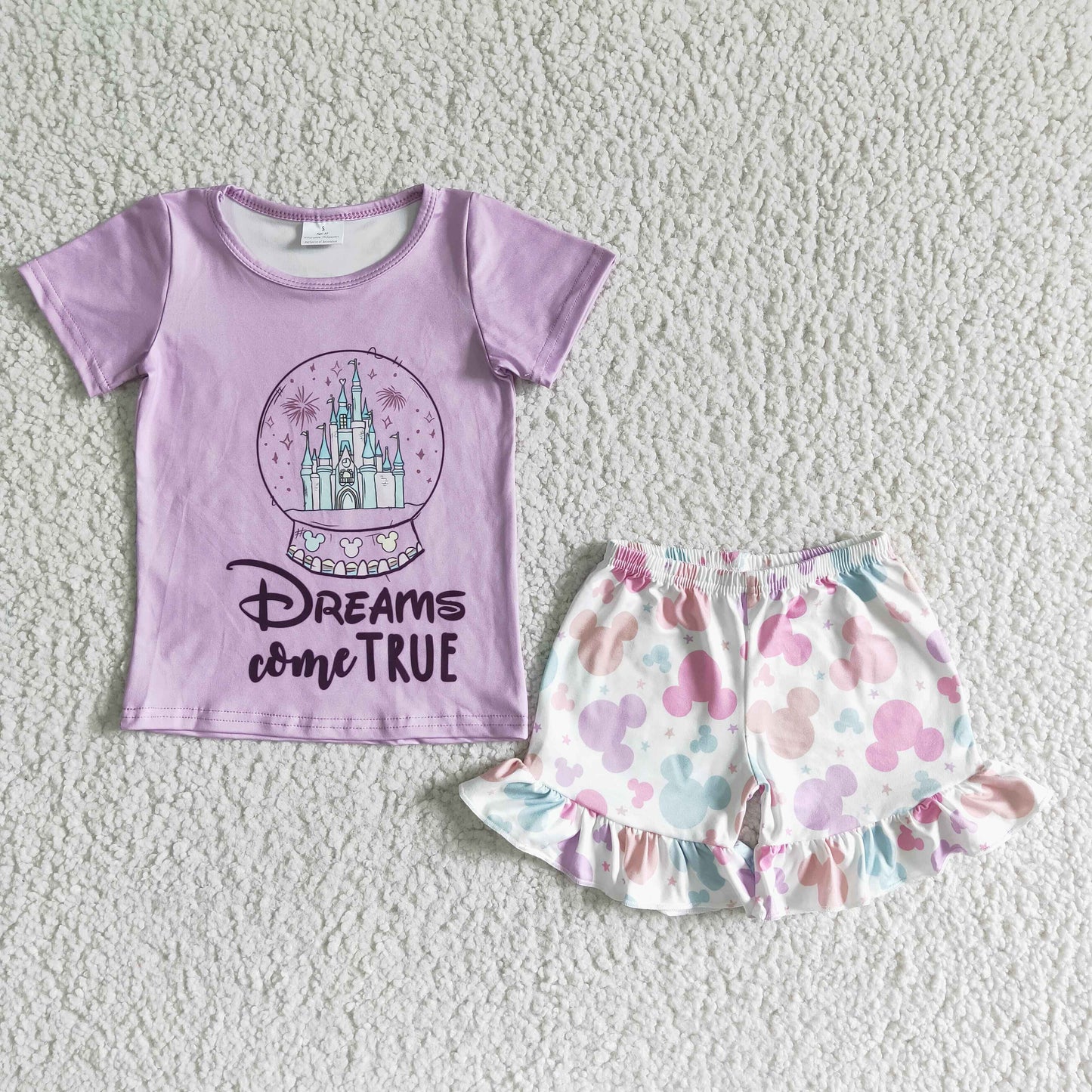 GSSO0050 RTS disney cartoon mouse dreams come true castle crystal ball purple ruffles short sleeve shorts girl outfits 1121 RTS