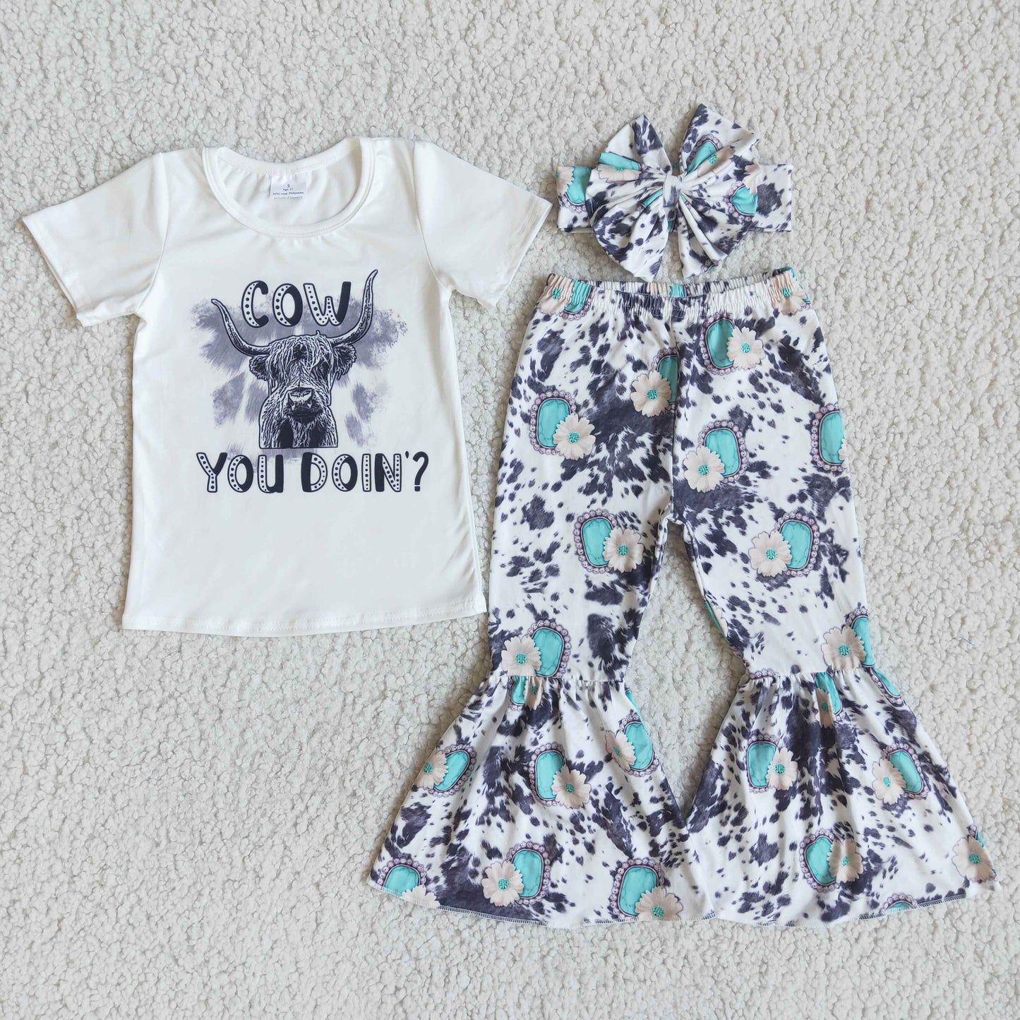 E9-30 (bow headband)  3pcs cow white short sleeve bell bottom pant girl outfit 20230224 RTS