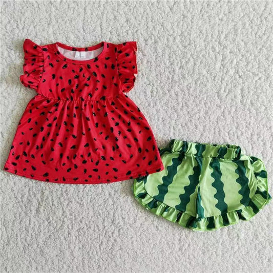 Watermelon red puffy top set green ruffles short sleeve shorts outfits 20230404