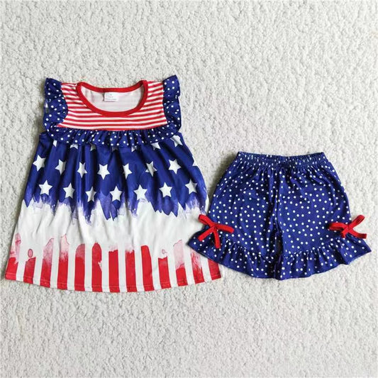 promotion D8-19 USA letters 4th of July flag blue boy short sleeve short pants set 20230316 RTS