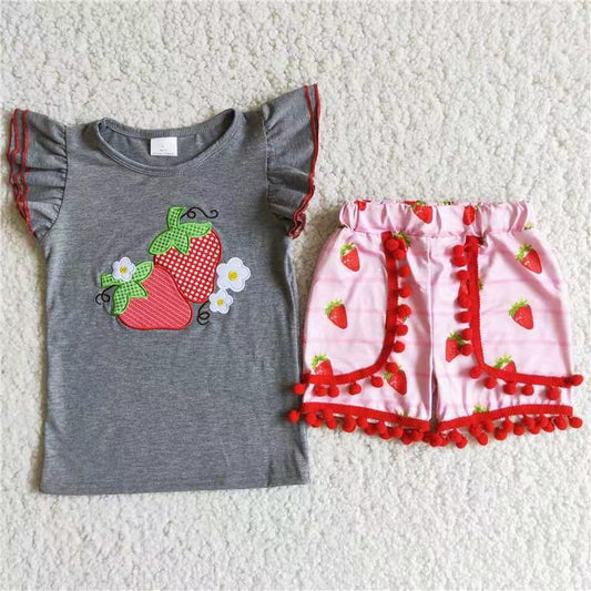 promotion D8-27 strawberry ruffles short sleeve summer shorts girl outfit RTS 202404