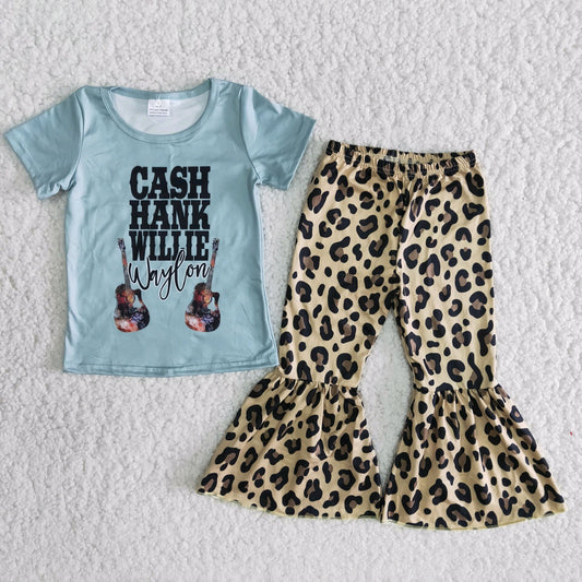 Promotion guitar singer leopard print girl blue short sleeve bell bottom pant outfit 0706