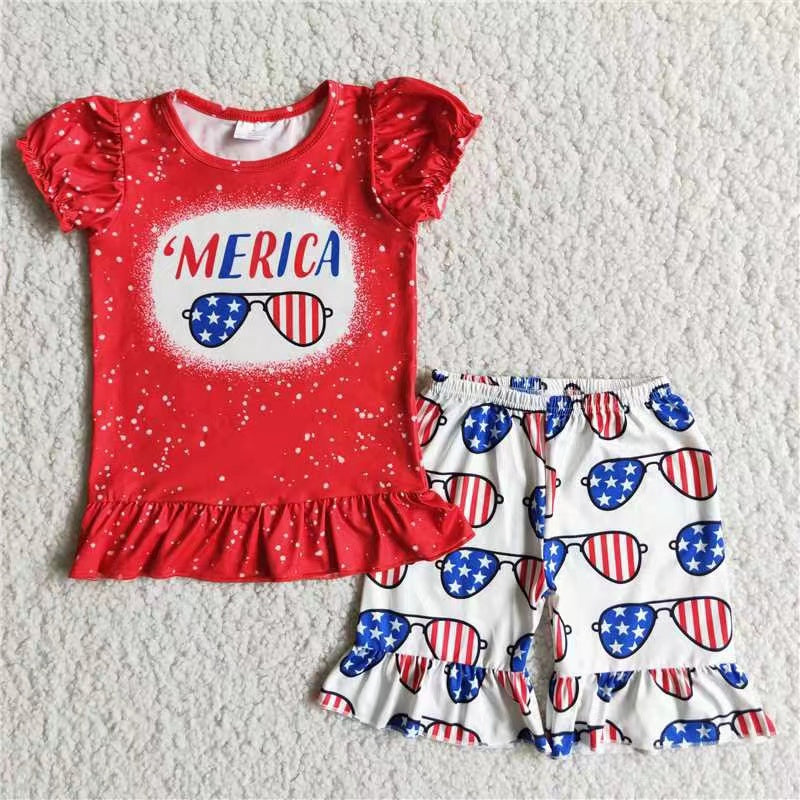 promotion American national day glasses short sleeve shorts girl outfit