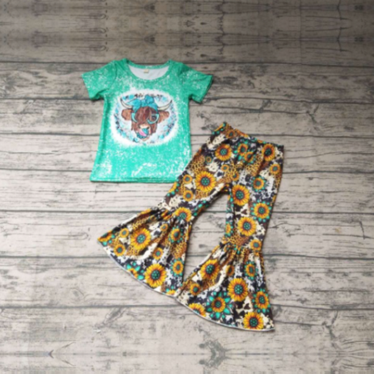 preorder cow print sunflowers green girl short sleeve bell bottom outfit 0326