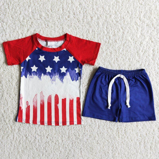 promotion American national day red raglan stars print blue red top short sleeves boys shorts outfits 0516