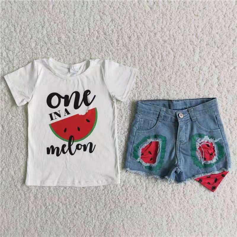 girl outfit watermelon white short sleeve denim shorts set