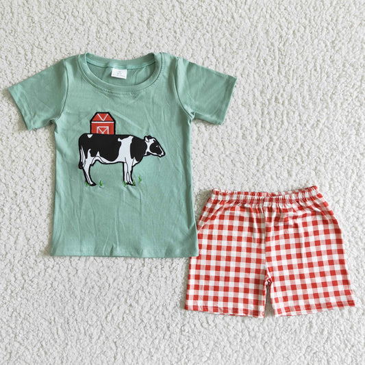 cow embroidery green boy short sleeve red plaid shorts boy outfit 0408