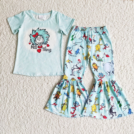RTS cartoon cat elephant miss thing letters reading  blue short sleeve bell bottom girl outfit Feb0224