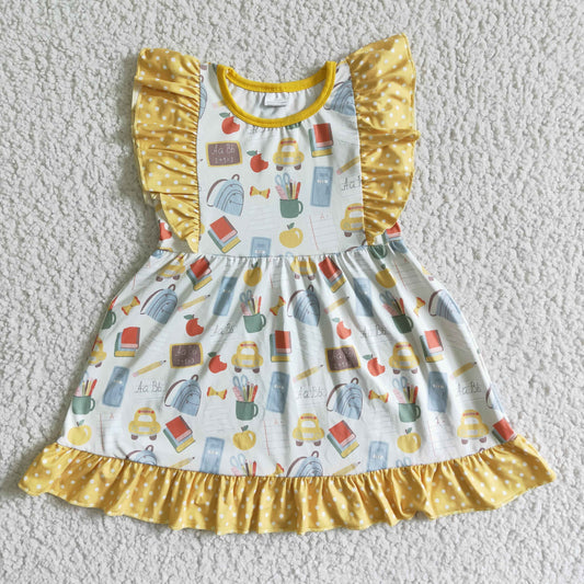 GSD0061 RTS back to school yellow puffy sleeves dress real pic 0517