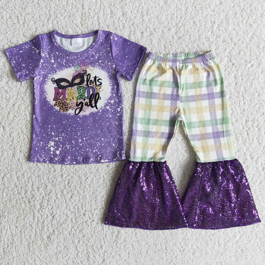 E5-17 Mardi Gras Carnival purple dot sequins plaid short sleeve bell bottom pant girl outfit RTS 1221