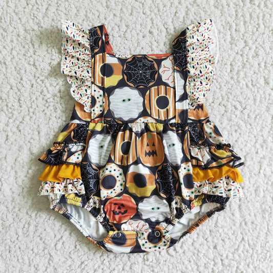 0803 SR0079 RTS orange short sleeve cartoon donut halloween pumpkin girl bubble romper
