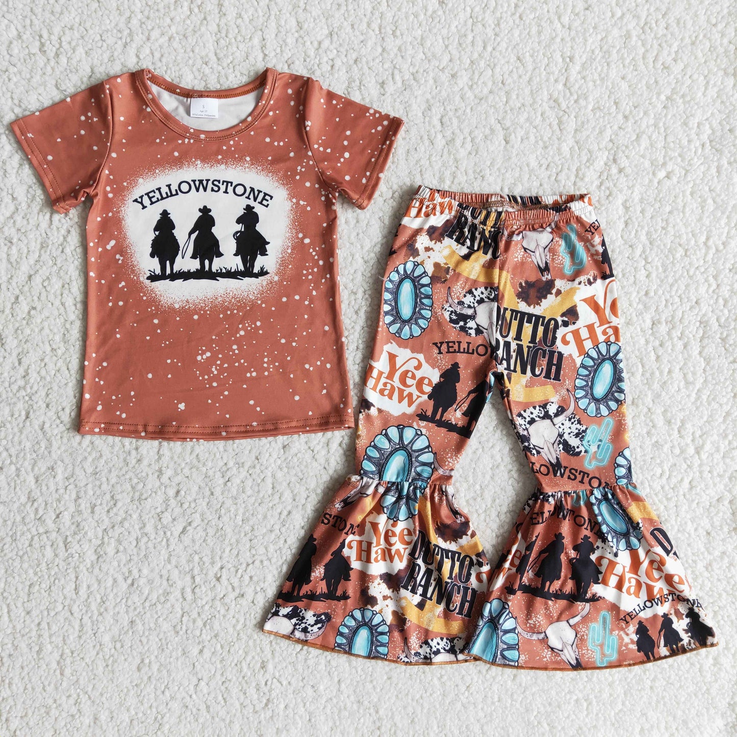 promotion B1-19 yellow stone letters cow print orange girl short sleeves cowboys bell bottom outfit 0915 RTS