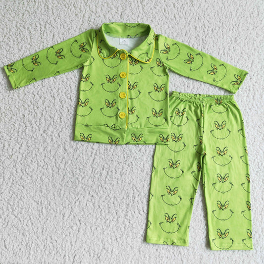 RTS 0608 boy button collar green cartoon long sleeve pajamas outfits