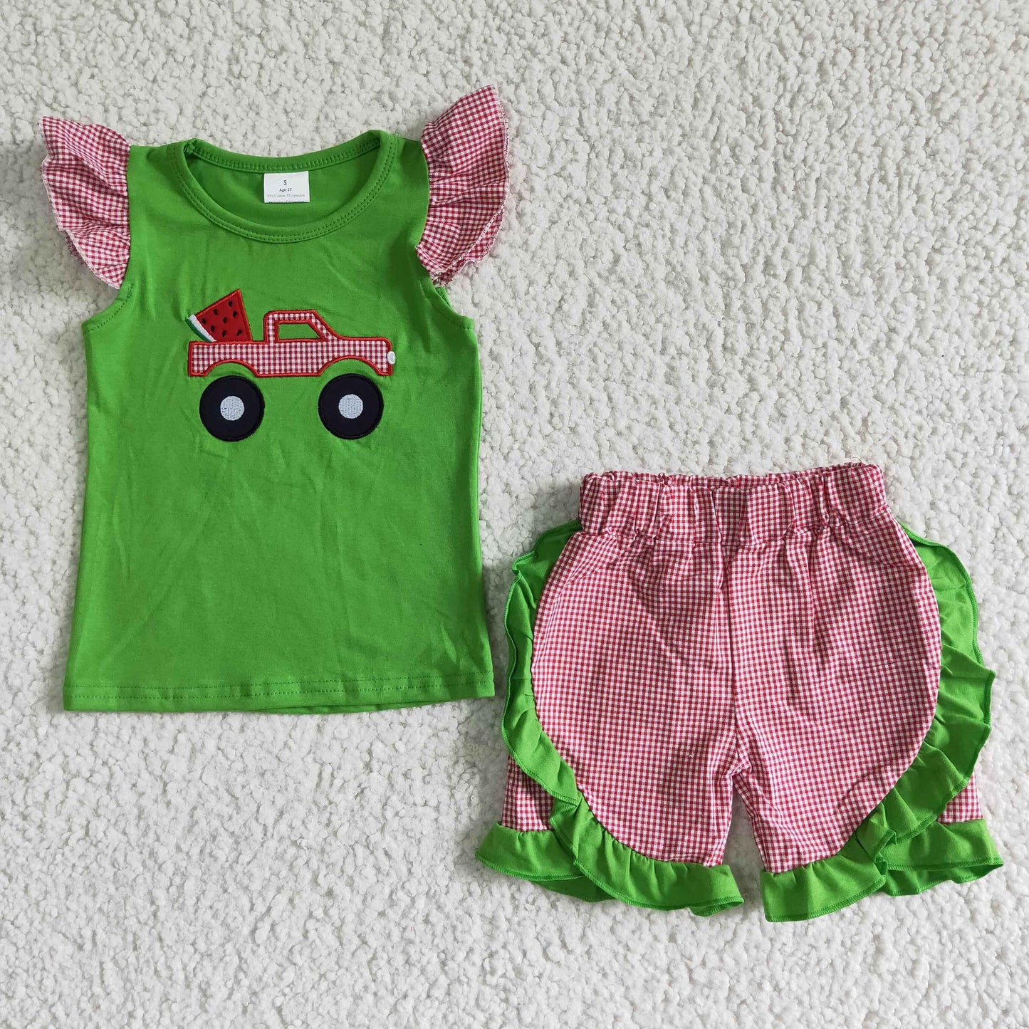 RTS green car watermelon embroidery short sleeve girl pink plaid shorts summer outfit 0523