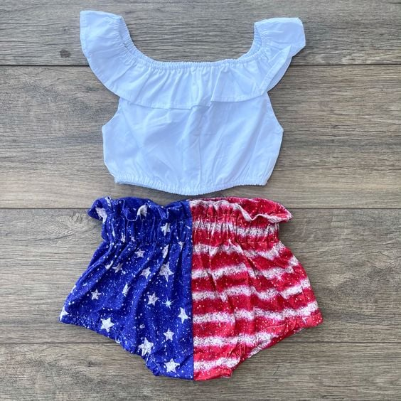 American national day white short sleeve short pants outfit summer girl set 0322