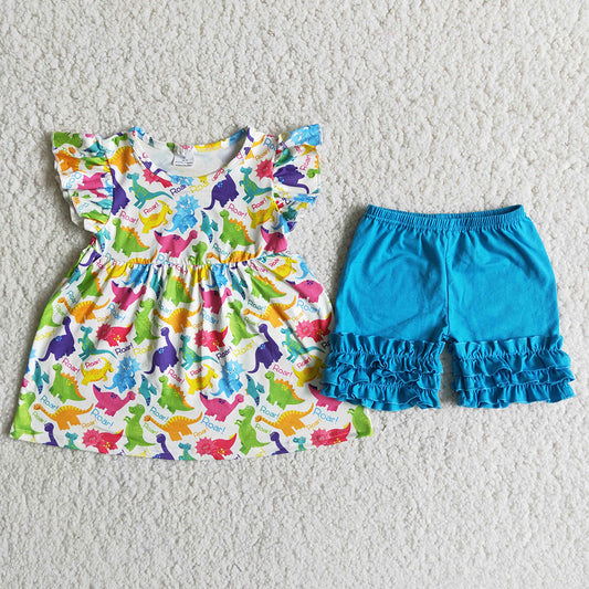 promotion girl cartoon dinosaur colorful puffy blue ruffles short sleeve shorts 202404