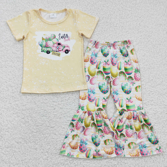 yellow top Easter eggs colorfull short sleeve bell bottom pant outfit 20230306 RTS