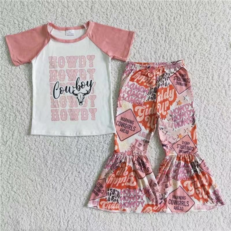 E13-18 cowboy howdy letters warning cowgirls ahead pink raglan girl short sleeve bell bottom outfit 20230308 RTS