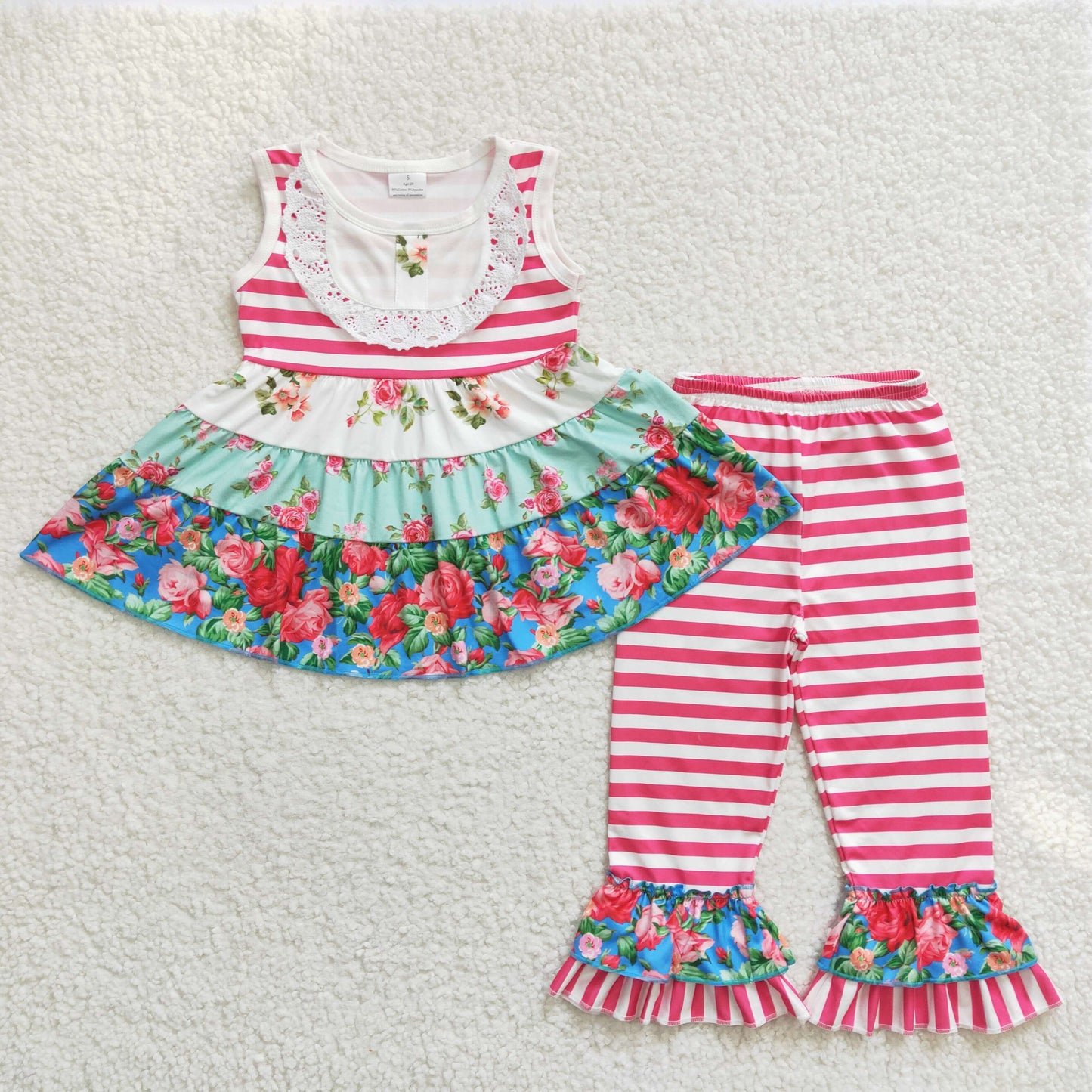 Promotion E2-11 lace flowers stripe girl sleeveless pant girl outfit 202407 RTS