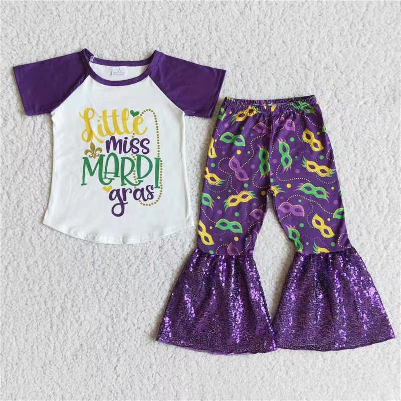 E7-27 Mardi Gras Carnival purple sequins short sleeve bell bottom pant girl outfit 20230224 RTS