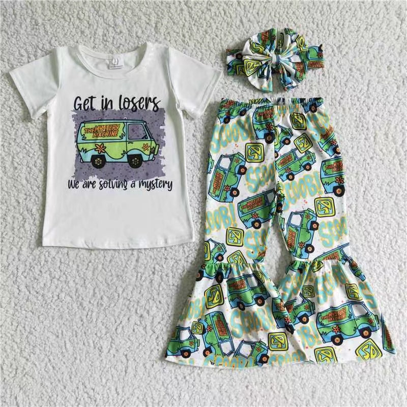 E8-2 scoob losers bus green lucky clover short sleeve bell bottom pant headband 3pcs girl outfit