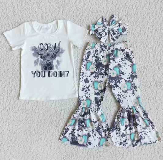 E9-30 (bow headband)  3pcs cow white short sleeve bell bottom pant girl outfit 20230224 RTS