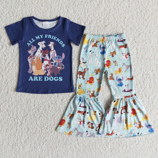 promotion all my friends ARE dogs letters navy cartoon short sleeve bell bottom girl outfits