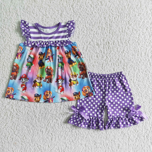 promotion RTS purple stripe puffy top colorful dogs short sleeve dots ruffle shorts girl outfit 0513