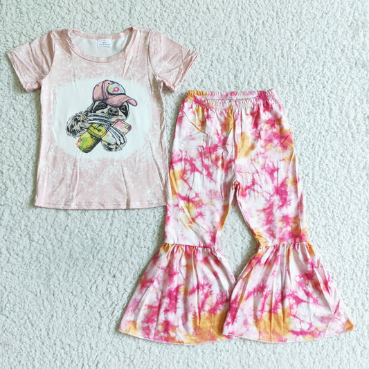 yellow pink short sleeve bell bottom girl outfit 0809 RTS