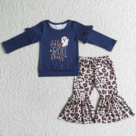 0711 RTS halloween puffy BLUE long sleeve leopard bell bottom pants girl outfit