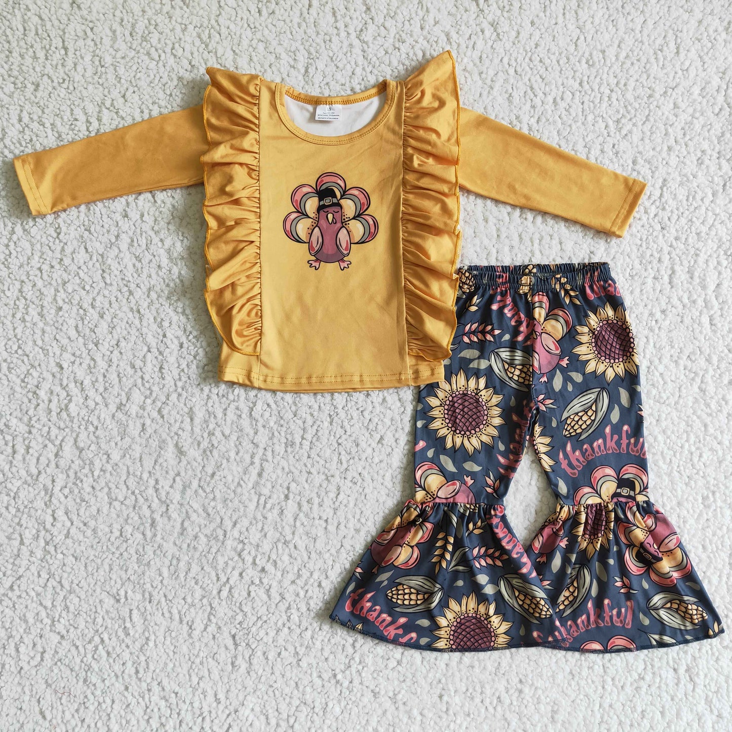 RTS 0912 embroidered yellow turkey long sleeve sunflower girl outfit thanksgiving