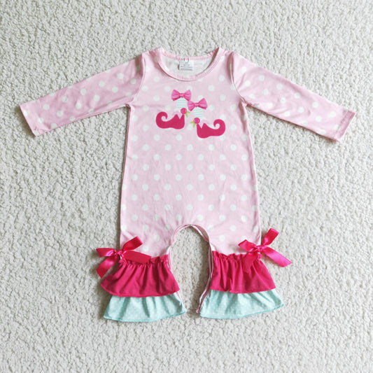0812 RTS Christmas pink dot long sleeve GIRL romper