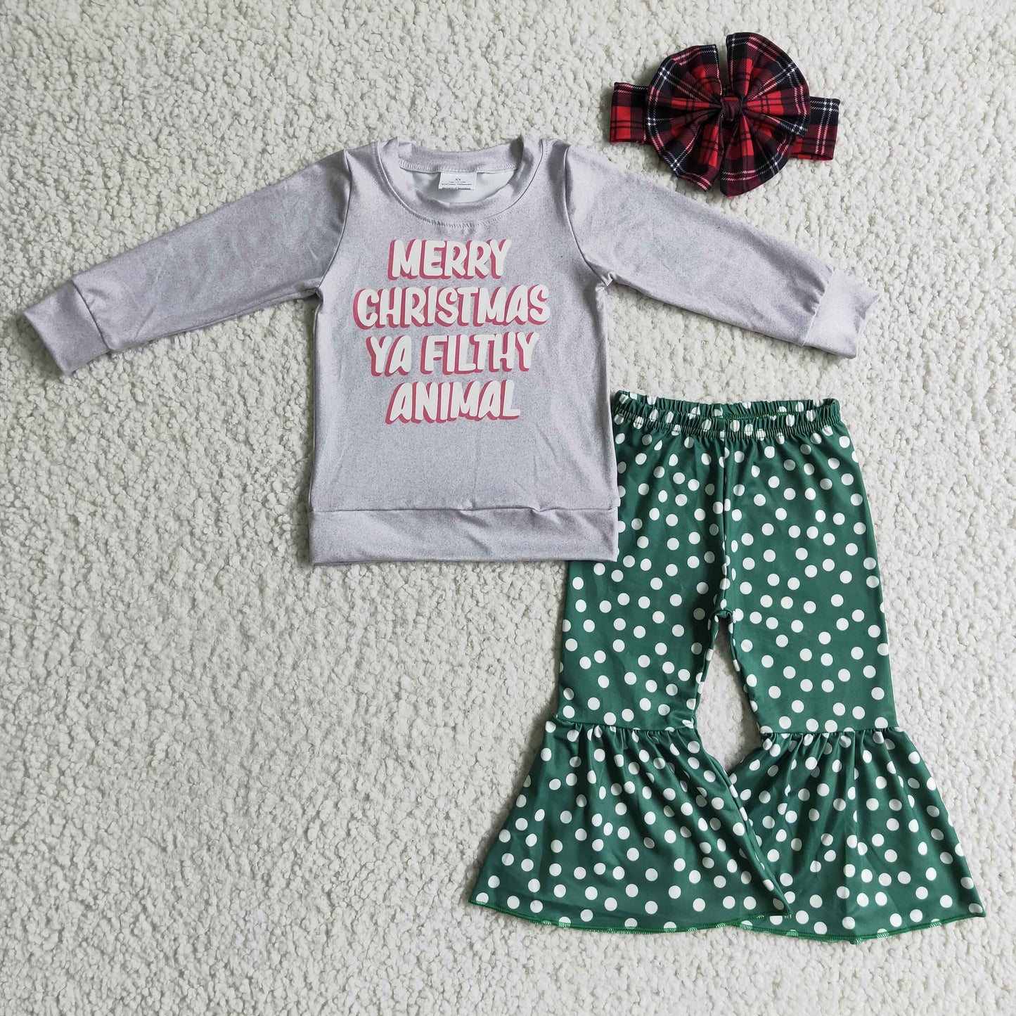 6 A7-16 Christmas girl grey white dots long sleeve bell bottom pants bow headband 3pcs outfit 1105 RTS