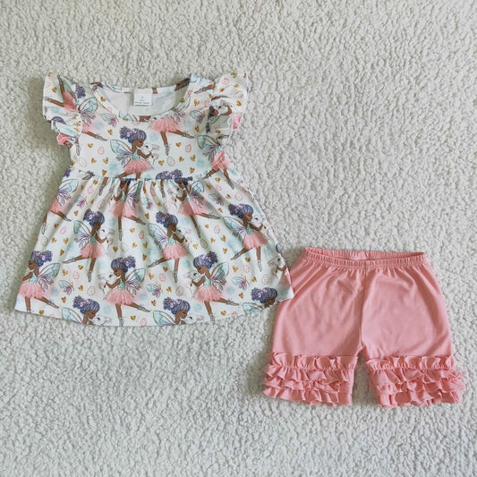 RTS pink girl babie wing print short sleeve shorts girl outfits 0308