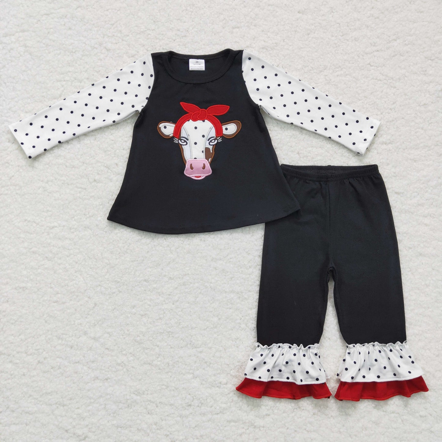 promotion 6 A13-26 cow head embroidery dot red ruffles black long sleeve long pant girl outfit 1129 RTS